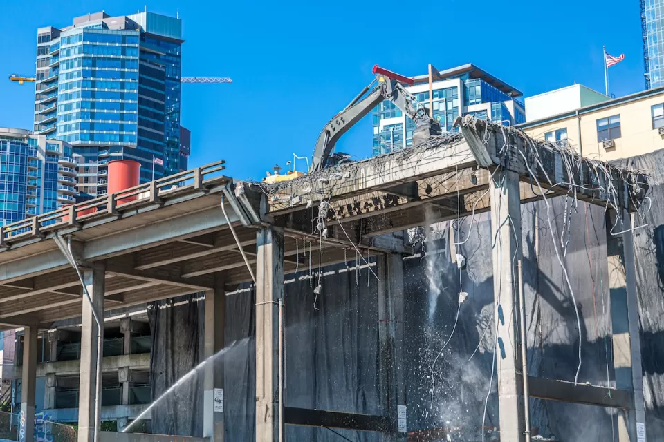 Elevated viaduct in Seattle, Washington being demolished.
